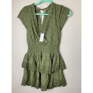 American Eagle Dress Women’s Small Green Eyelet Ruffle Layered Lined Tie Boho